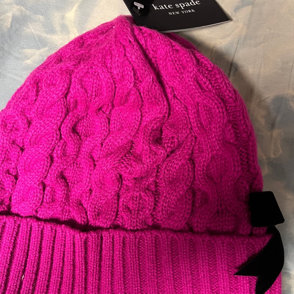 Kate Spade Fuchsia Cable Knit Beanie with Black Bow - Picture 3 of 3